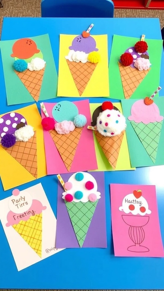 Colorful ice cream crafts for preschoolers including paper cones, pom-pom sundaes, and greeting cards.